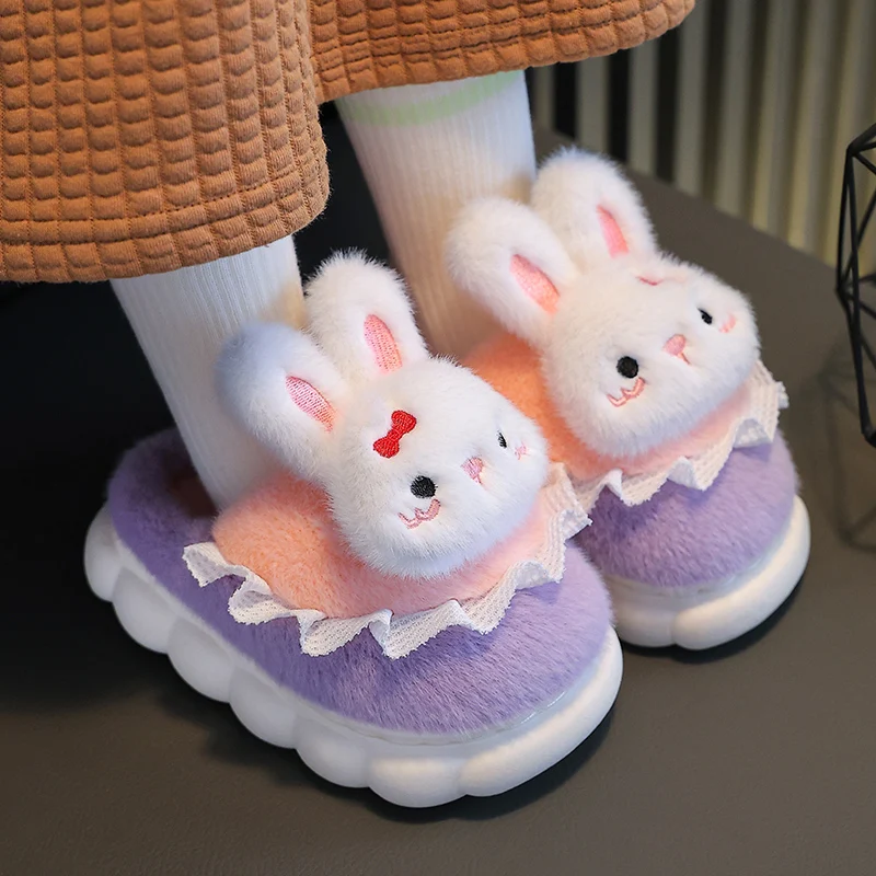 2024 New Winter Warm Cute Cartoon Bow Rabbit Indoor Mule Soft Non-slip Kids Fluffy Slippers For Girls Children Home Cotton Shoes