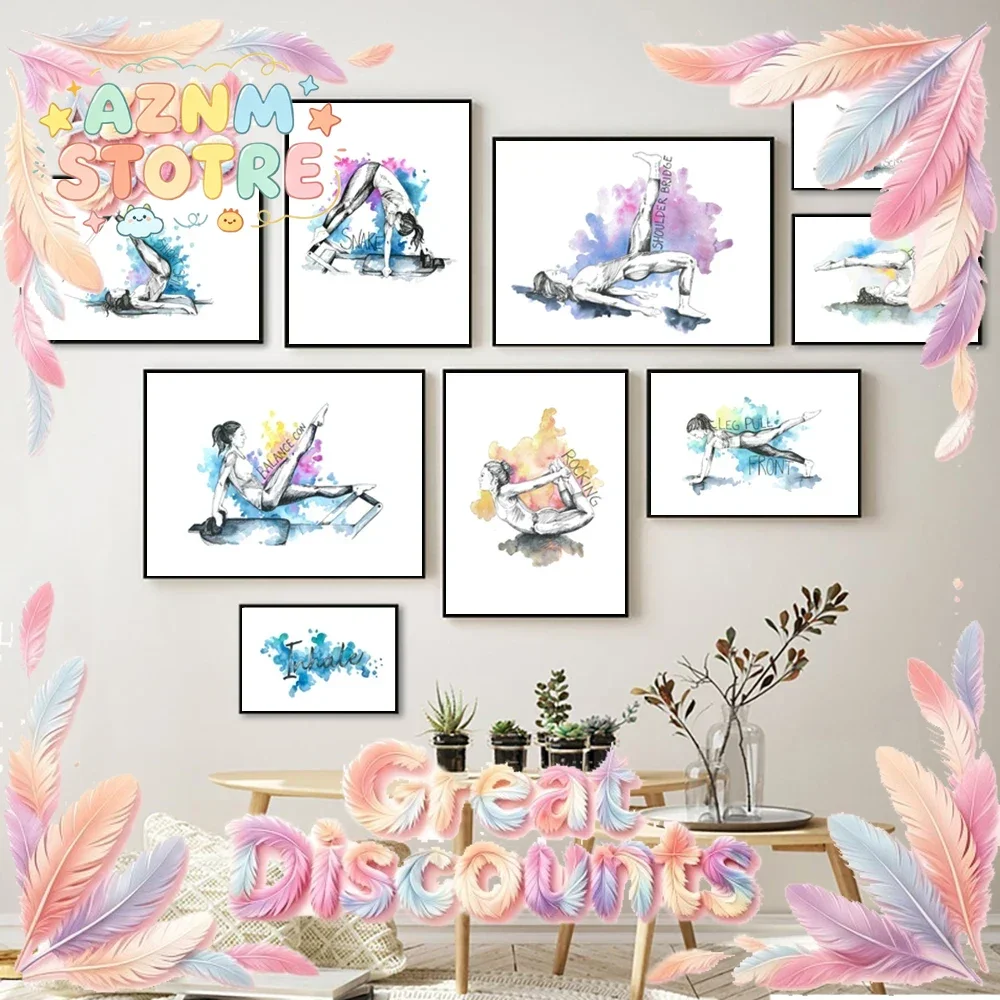 Pilates Yoga Workout Chart Art Prints Watercolor Posters Exercise Woman Canvas Painting Fitness Gym Wall Pictures Decor