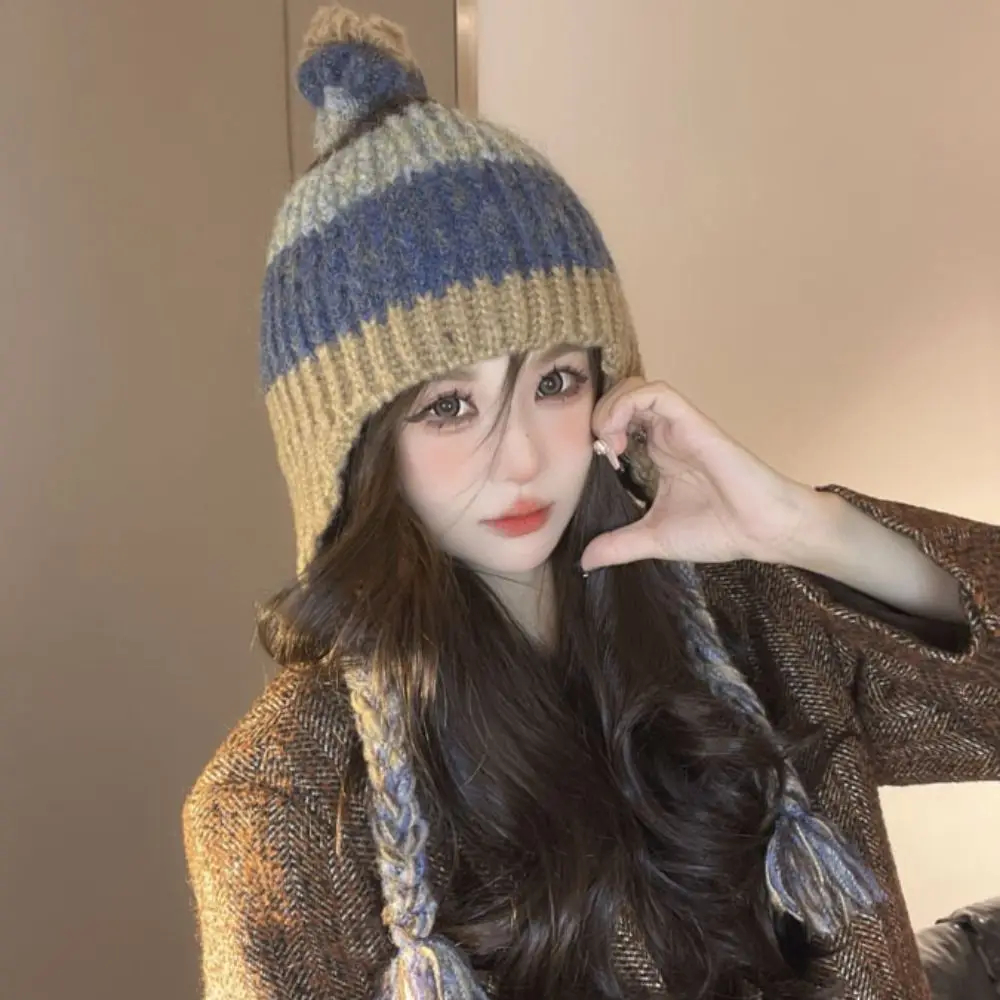 Fashion Woolen Knitted Hat Korean Style Keep Warm Striped Beanie Hat Braided All-match Ear Protection Hat Girl