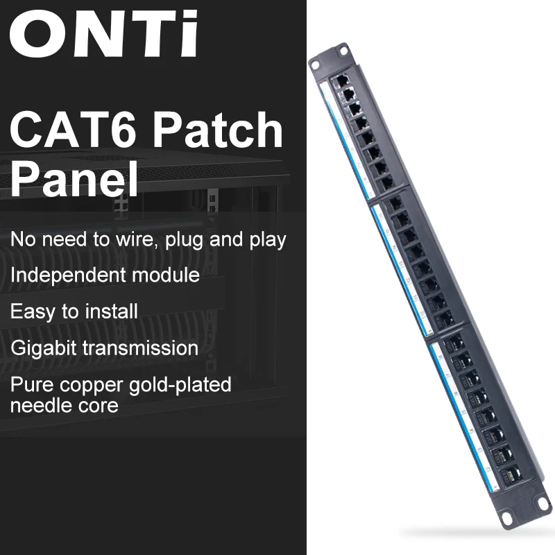 24 Port CAT6 Through Coupler Patch Panel RJ45 Network Cable 19in 1U with Back Bar Rackmount CAT6A UTP Keystone Jack