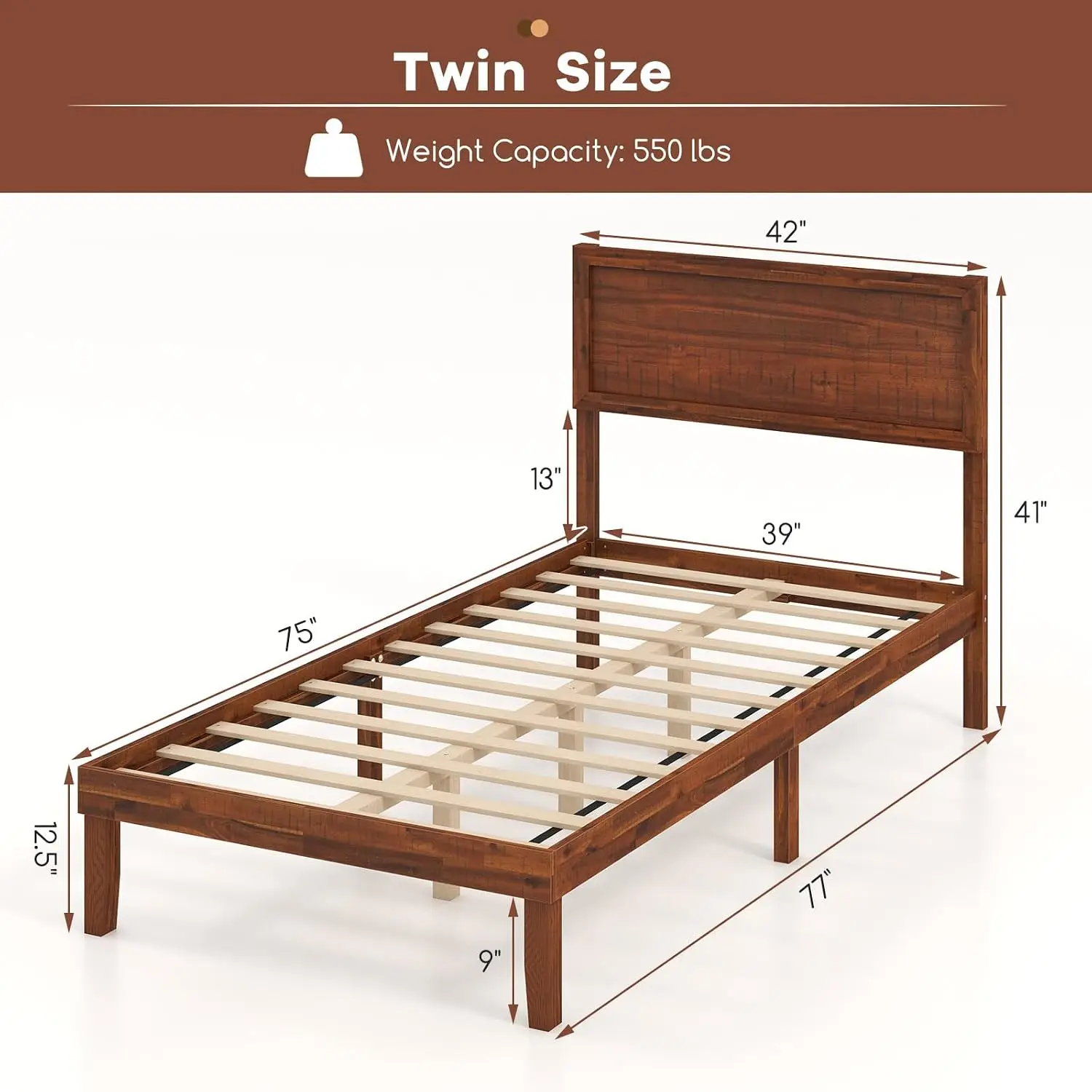 Twin Wood Bed Frame with Headboard, Solid Acacia Platform Base with Slats & Under-Bed Storage, No Box Spring Needed, Customized