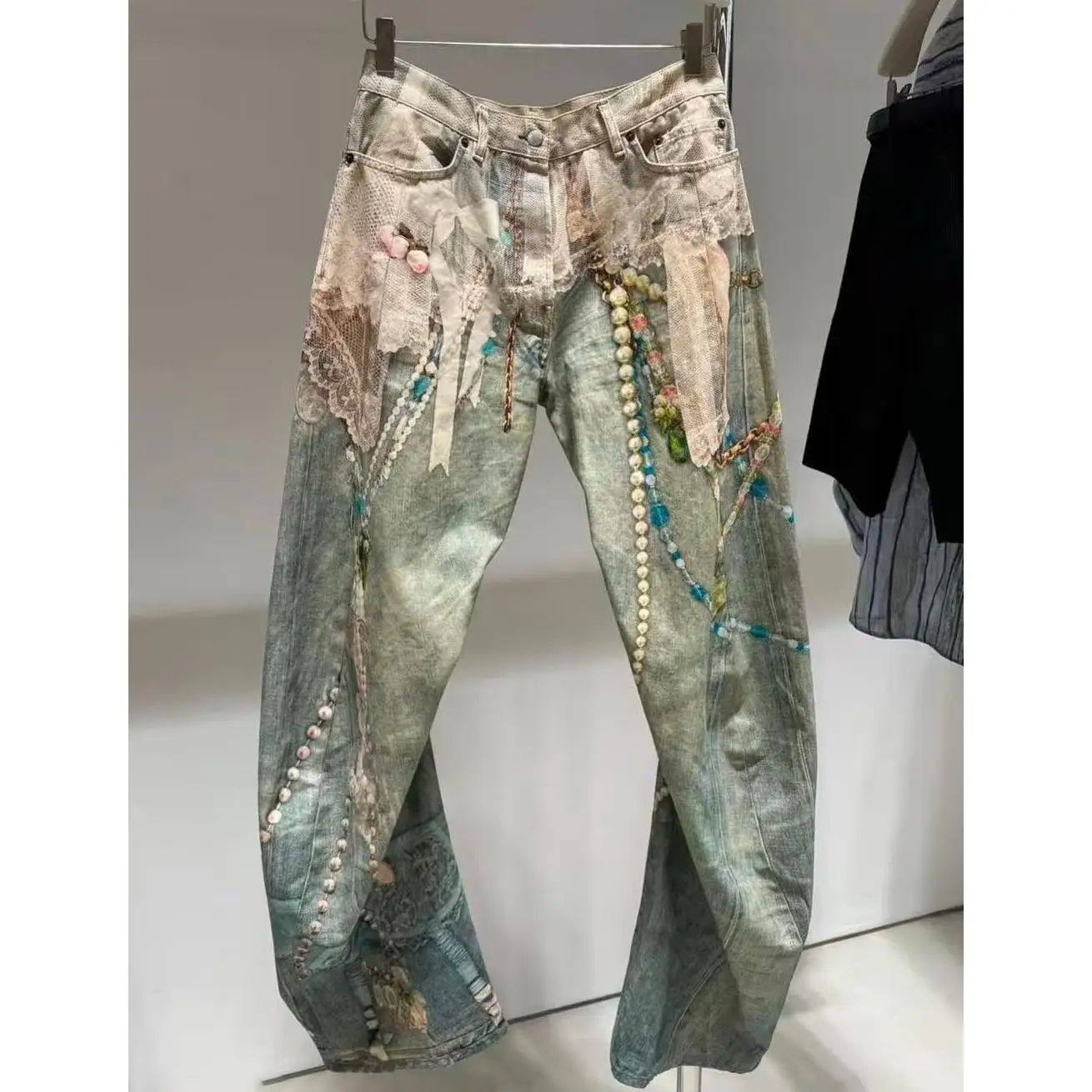 

Loose Wide Leg Jeans Women's Printed Lace Denim Pants High Waist Long Trousers Summer Casual Sle Autumn Early Faion