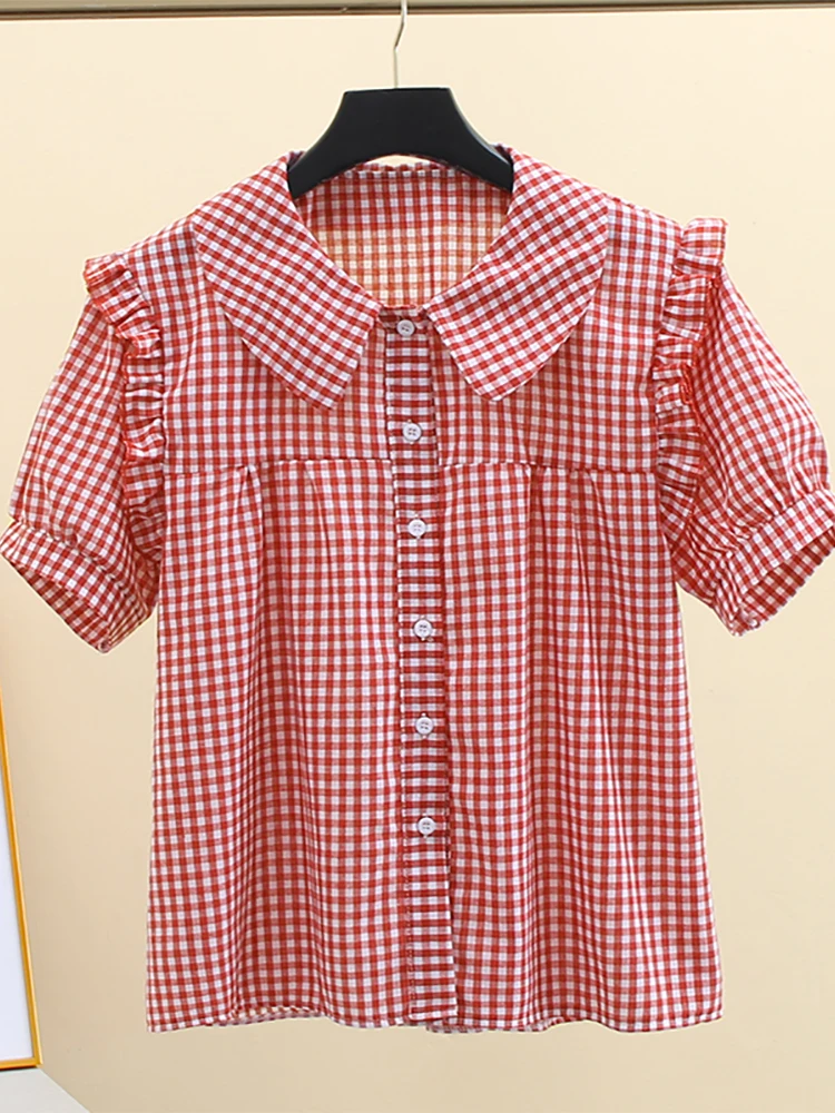 French Style Short Sleeve Shirt Women's Doll Collar Loose Plaid Design Breathable Moisture Wicking Anti-Wrinkle Student Fashion