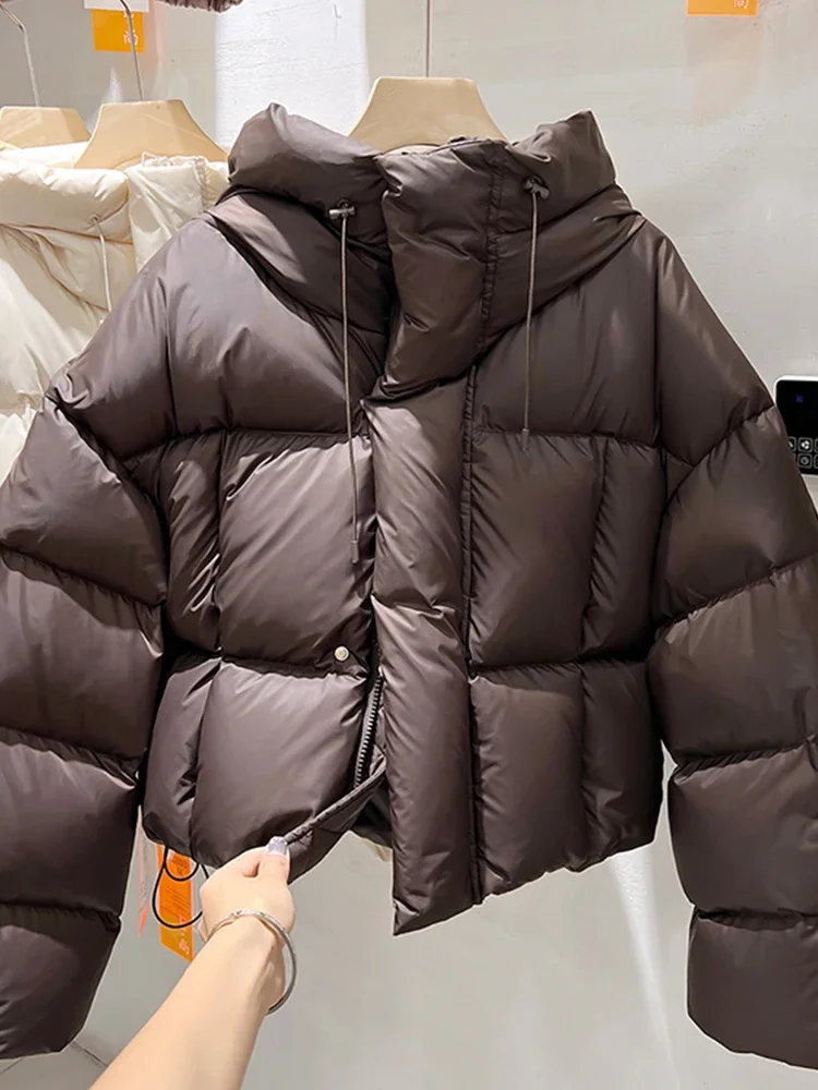 Women Brown Jacket Parkas Warm Thicken Long Sleeve Padded Coat Fashion Turtleneck Overcoat Streetwear 2000s Clothes Winter