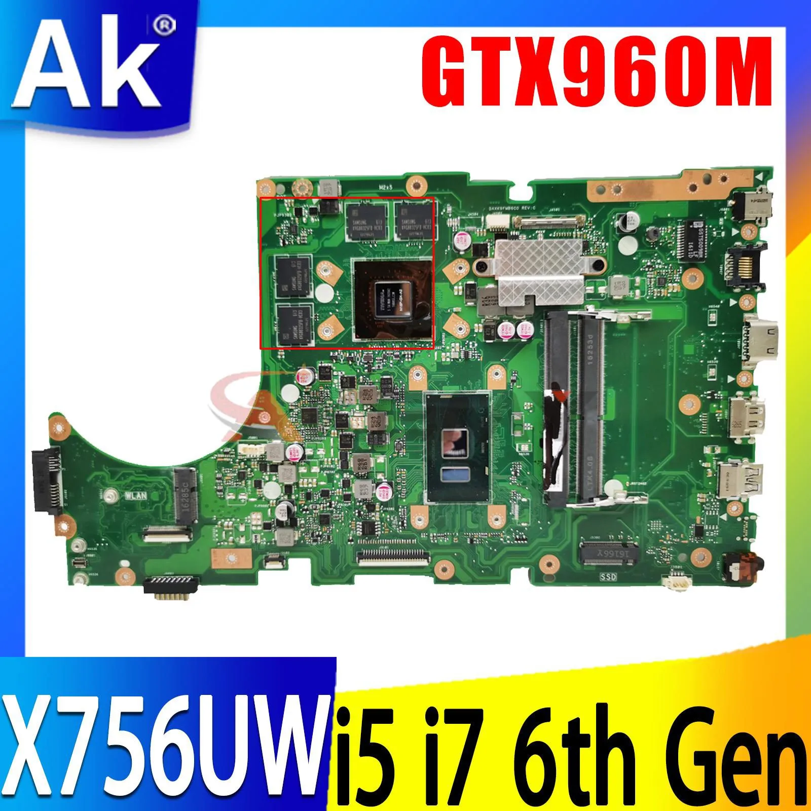 Placa principal de Shenzhen para laptop ASUS X756UW X756UWK X756UXM X756UX X756U placa-mãe com i5 i7 6th Gen CPU GTX960M/V2G