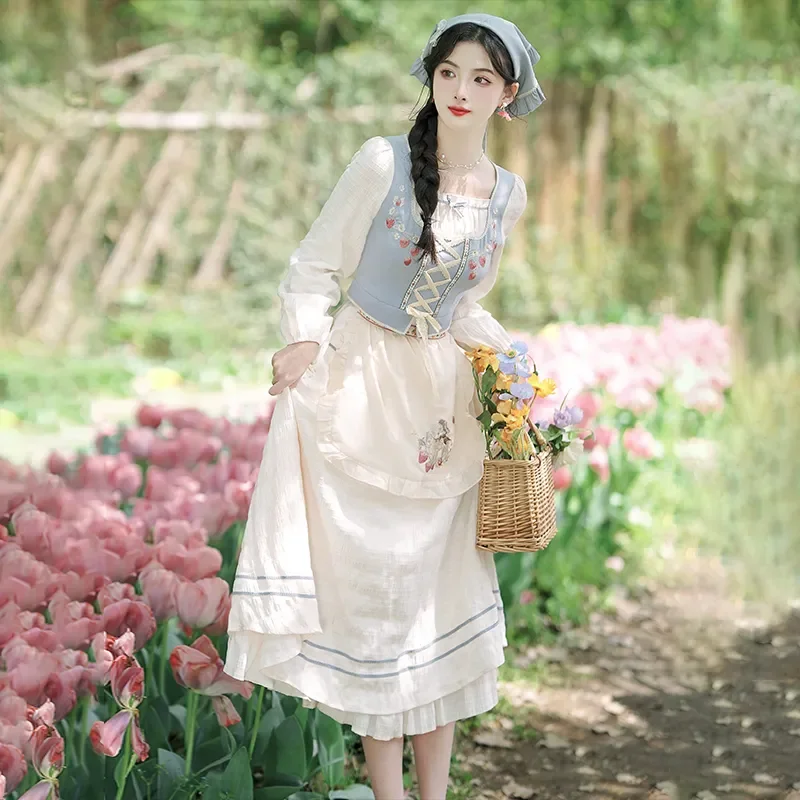 NONSAR Mori Girl Age-reducing Embroidered Vintage Dress Women Pastoral Style Fake Two-piece Dress Princess Tea Break Party Dress