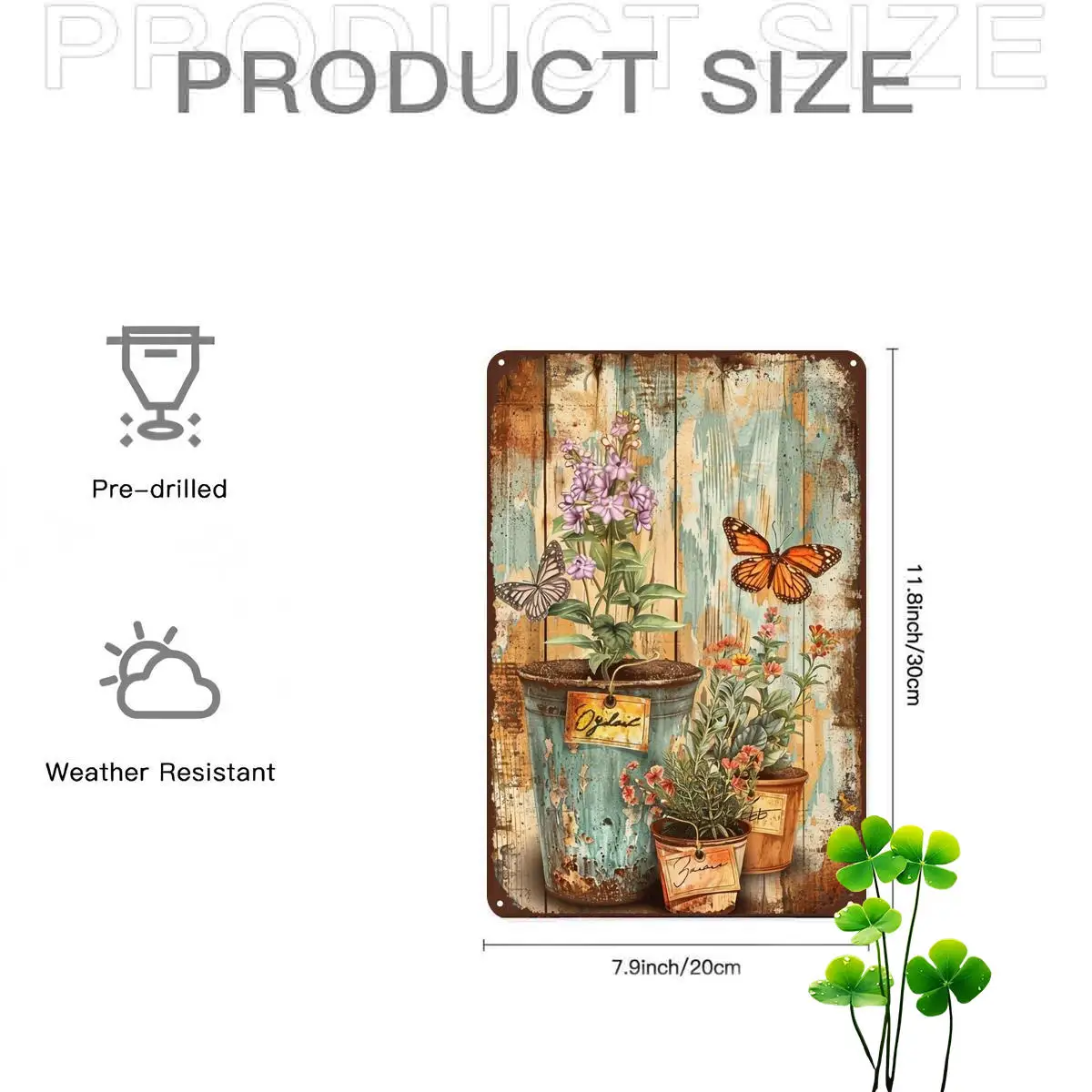 2D Flat 1pc, Rustic Metal Art Wall Decor - Vintage Flower Pots with Butterflies and Wildflowers Painting 20.32×30.48 cm,