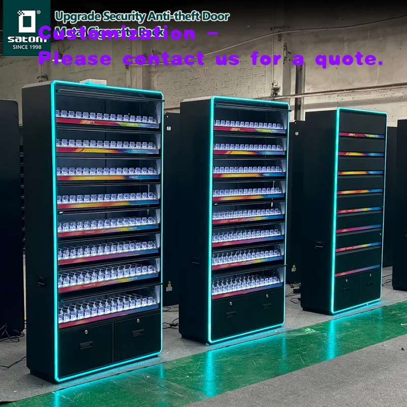 

custom.Reinforcement Metal Smoke Shop Display Rack With Pusher Safety Lock Door Blue Lighting Store Atmosphere