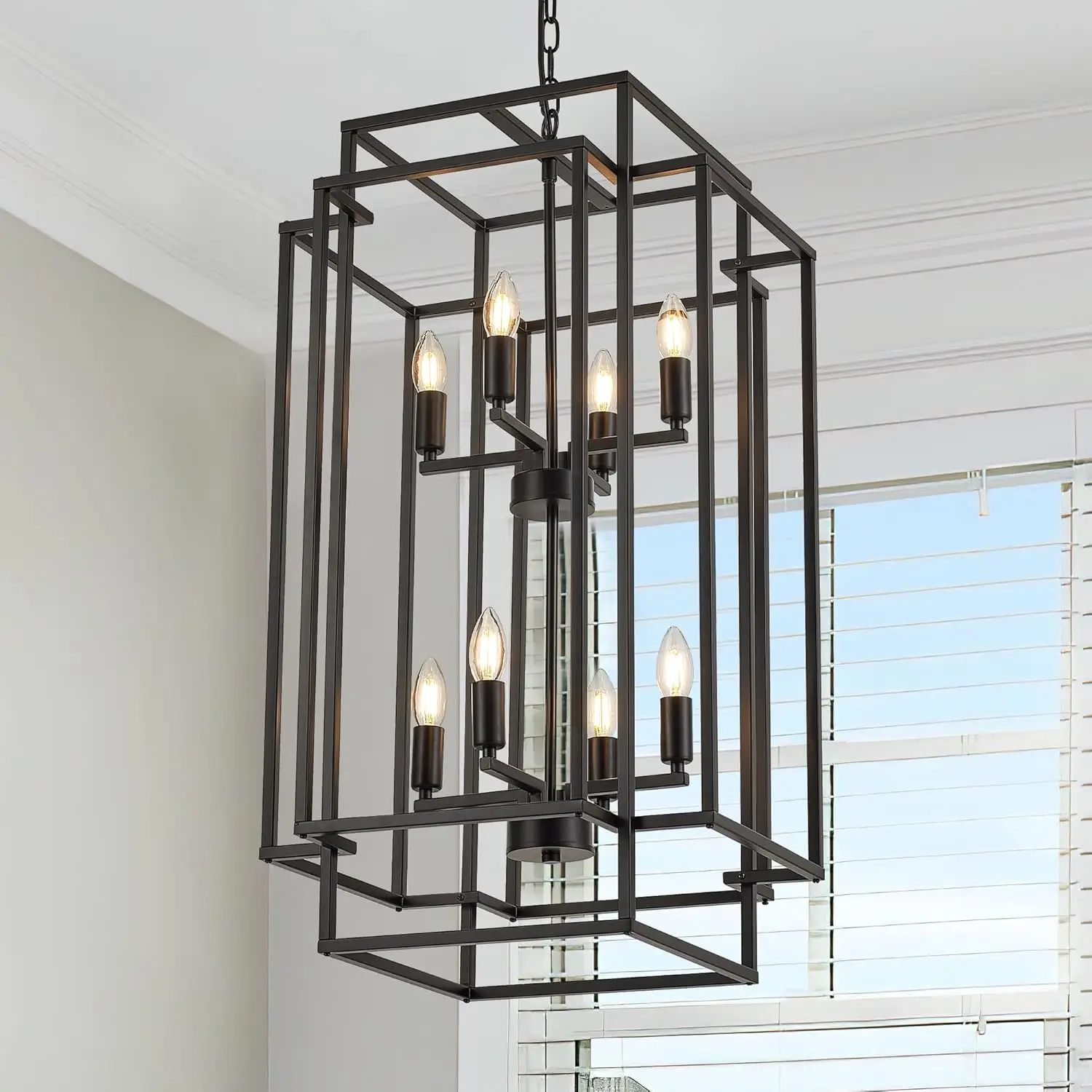 

8-Light Black Tiered Lantern Chandelier, Farmhouse Pendant for Kitchen Island, Dining Room, Foyer