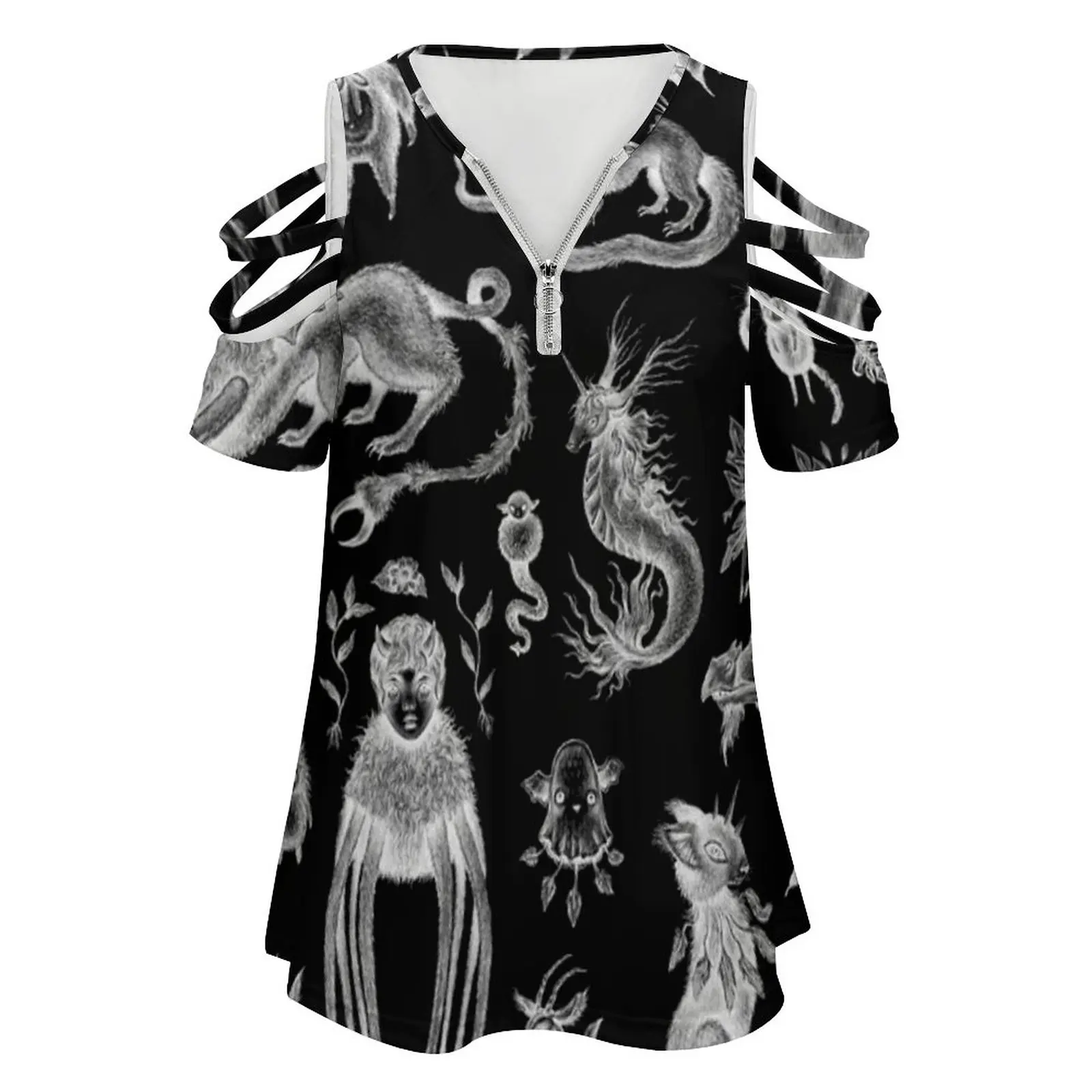 We Are Not Alone-Inverted New Fashion Zip Off Shoulder Top Short-Sleeve Women Shirt Creatures Beast Animal Magic Halloween