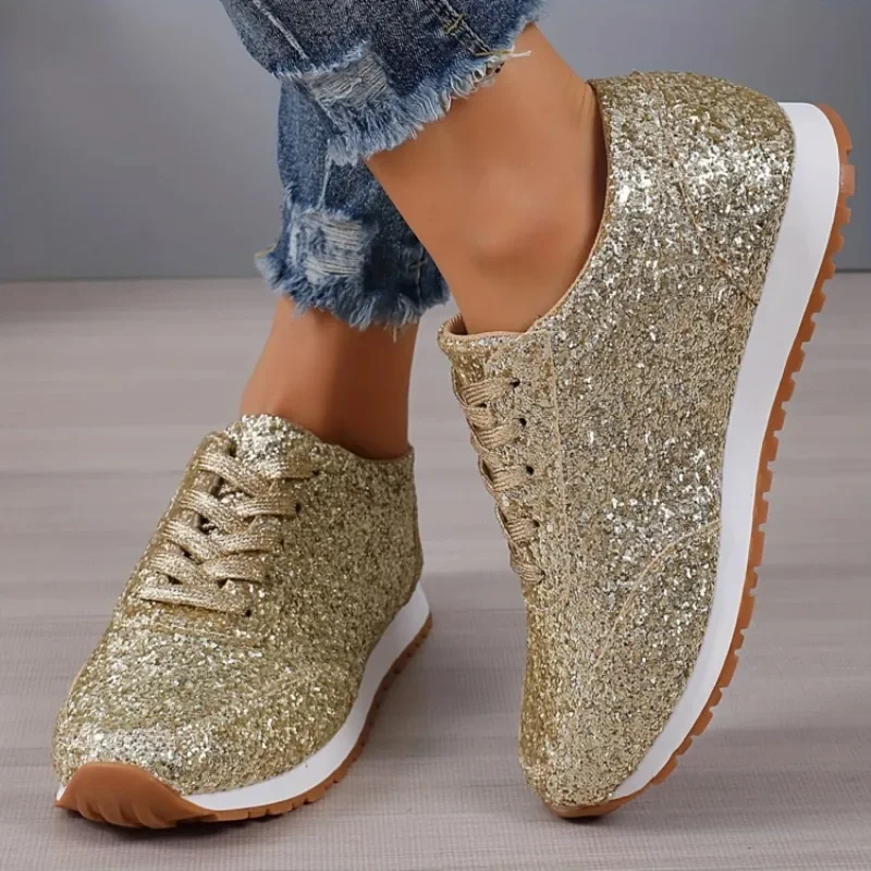 

Womens Sparkly Glitter Slip on Sneakers Casual Comfortable Walking Shoes Shiny Flat Loafers Platform Bling Footwear for Ladies