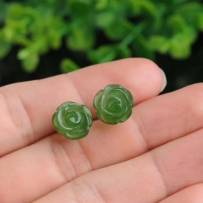 925 srebro naturalna zieleń Jade różowe kolczyki koralik urok biżuteria modne dodatki ręcznie rzeźbione mężczyzna kobieta Amulet prezenty