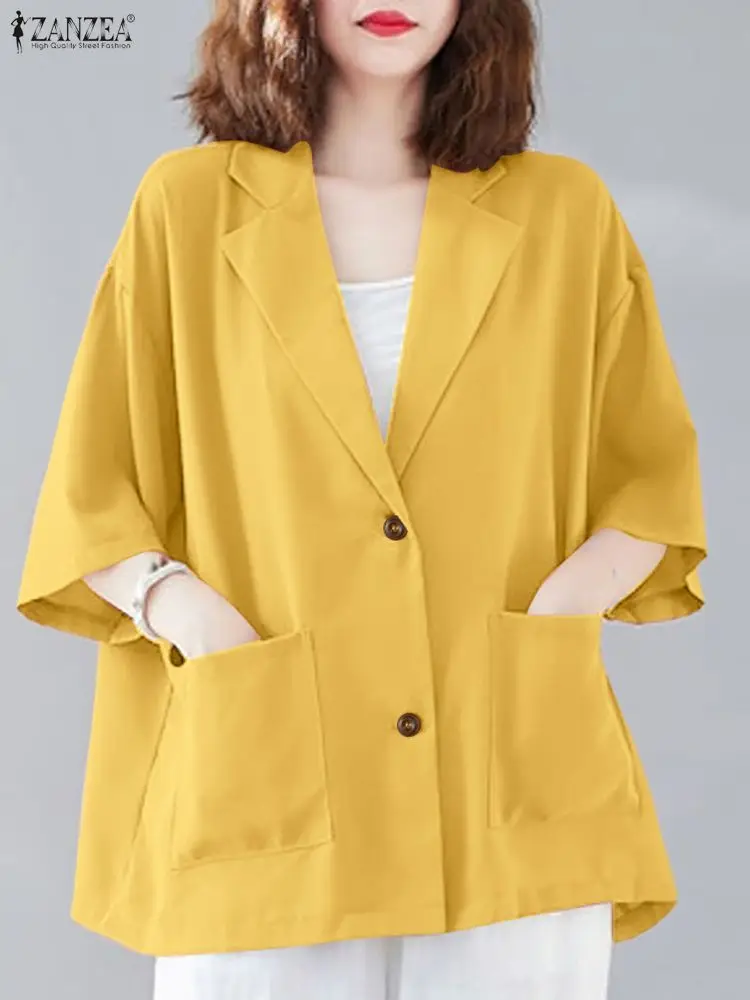 

ZANZEA Vintage Women Fashion Blazer 2025 Autumn Loose Fitting Blazer Coat 3/4 Sleeve Pockets Female Outerwear Chic Veste Office