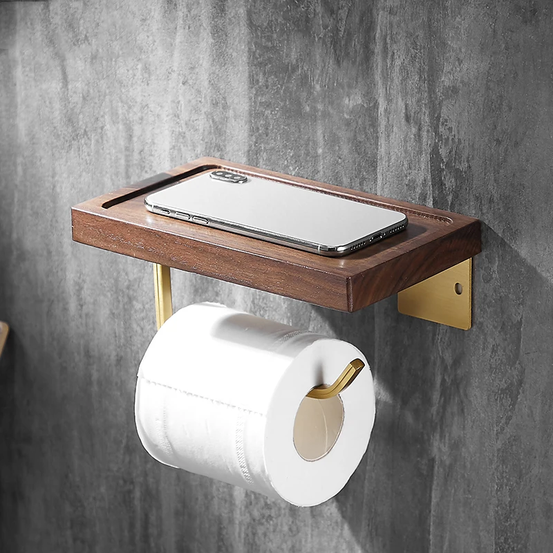 

Gold Wooden Bathroom Wall Mount Toilet Paper Holder with Phone Shelf Storage Towel Roll Stand Elegant WC Paper Organizer