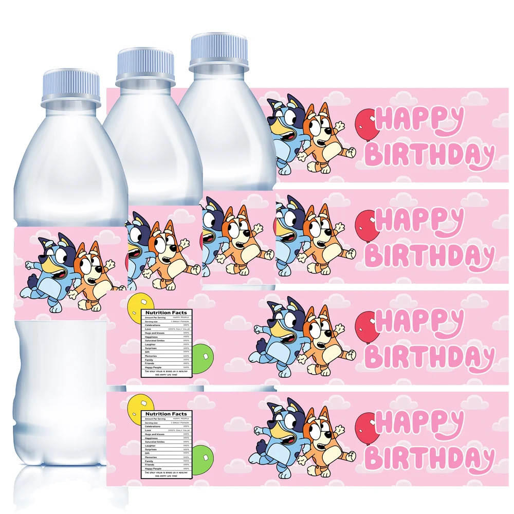 Pink Bluey Water Bottle Labels for Bingo Family Party Supplies Toys Birthday Decoration Stickers for Boys Girls Baby Shower