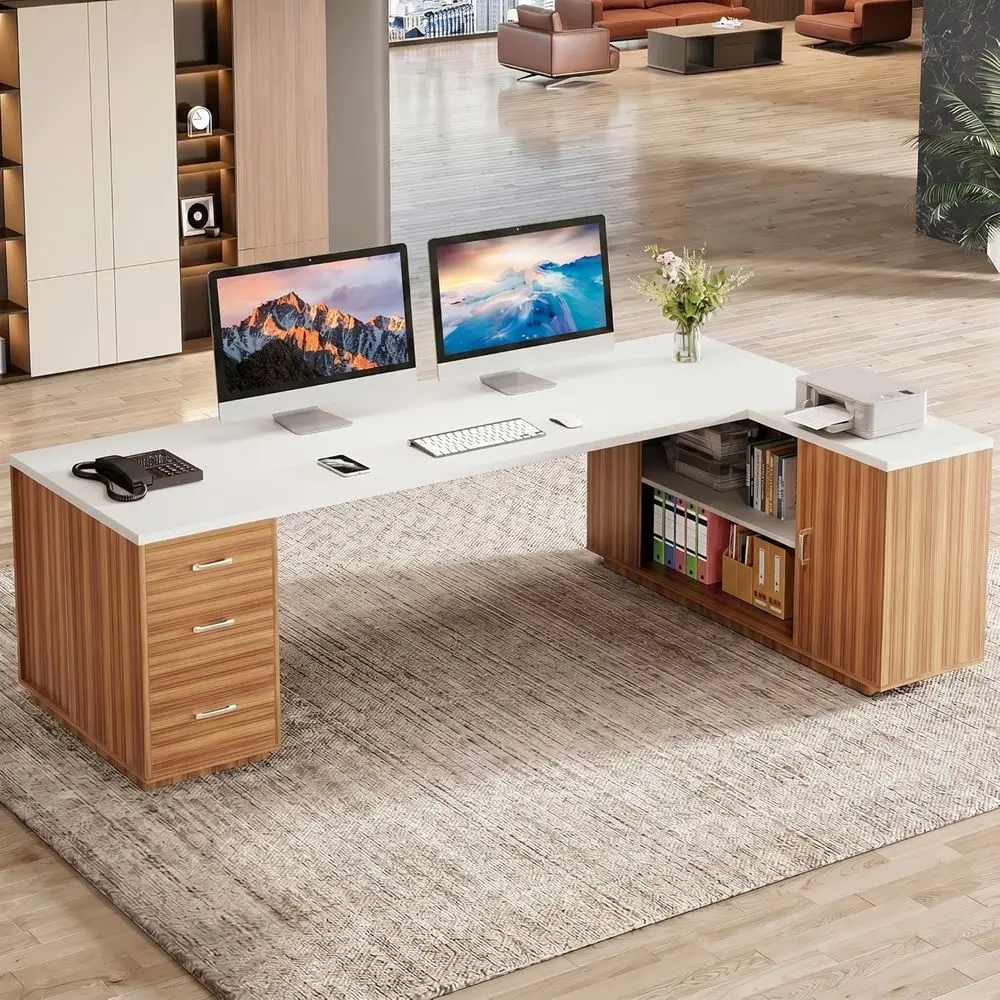 

85.8-Inch L-Shaped Executive Desk with File Drawers, Door Cabinet, and Shelves, Large Commercial Office Desk, White & Brown Prof