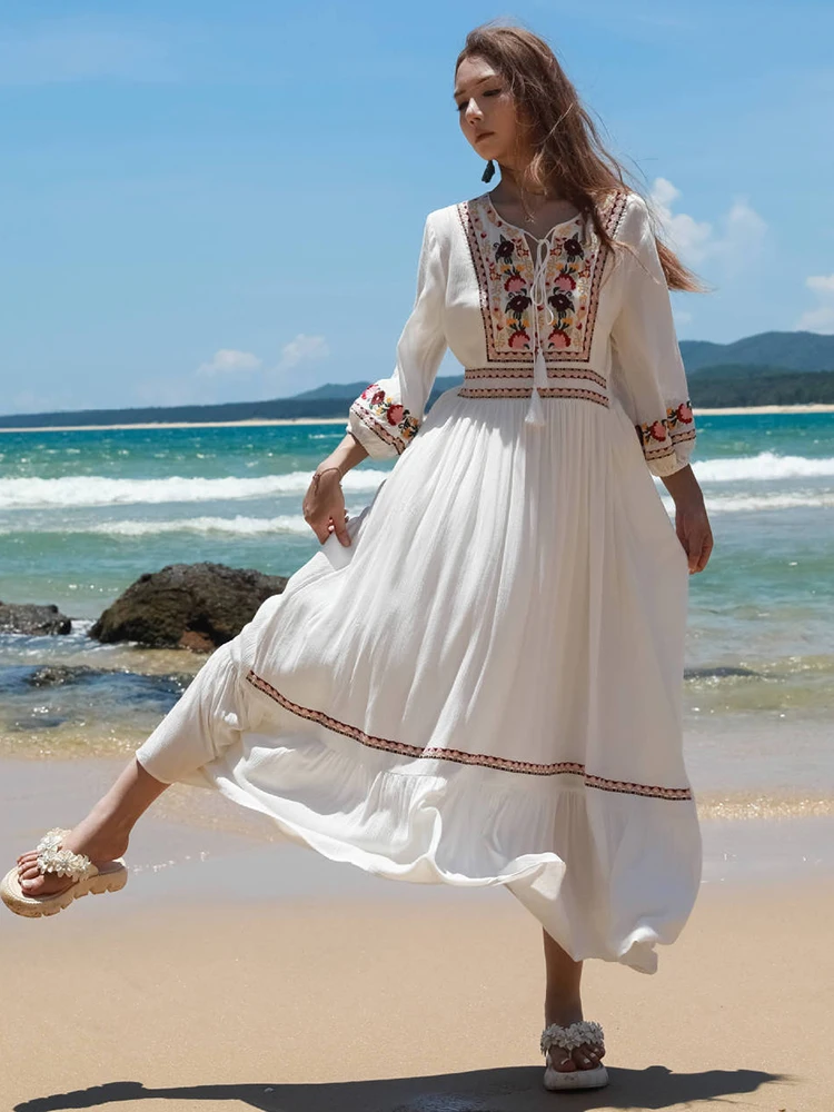 KHALEE YOSE-Robe brodée florale pour femme, style boho rétro, en coton blanc, manches longues, robes de plage, nouvelle collection éducative