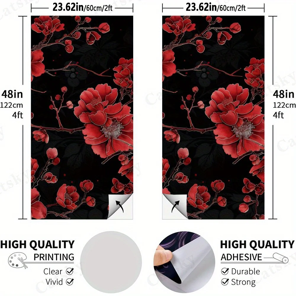 Red - Black Floral Pattern Sticker,2D Flat Vinyl Sandboard Decals - Budget-Friendly and High Value, Bubble-Free and Easy to Stic