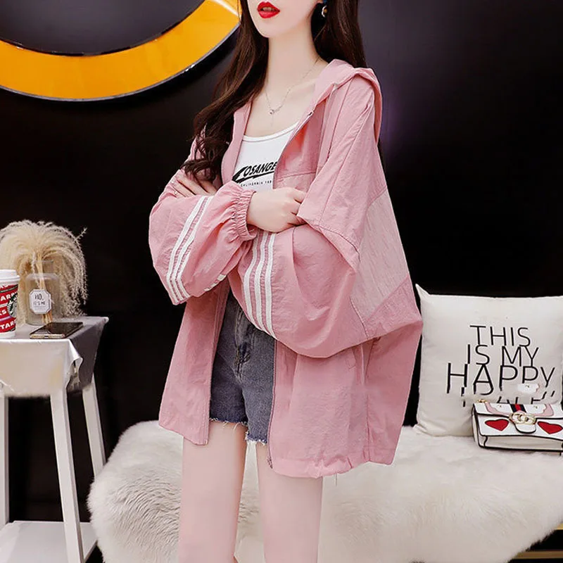 Summer Female Casual Fahsion Striped Spliced Zipper Cardigan Loose All-match Thin Long Sleeve Hooded Jackets Women\'s Clothing