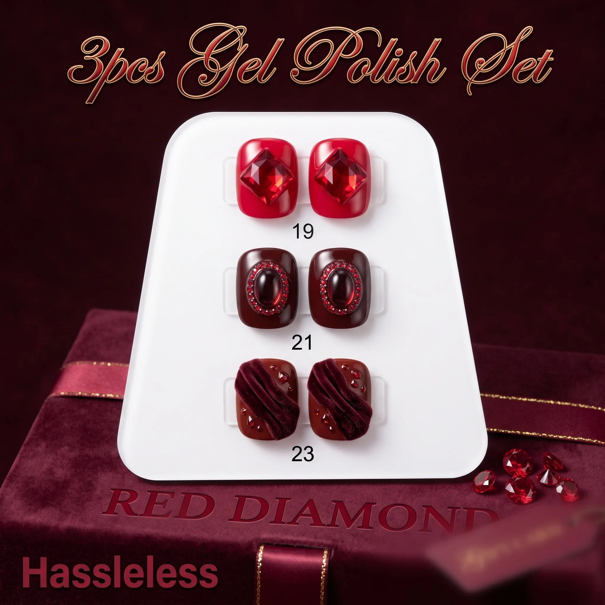 Hassleless 3-Color Red Nail Polish Gel Set, Vibrant and Highly Saturated Colors, Exquisite Bottle Design, Suitable for Professional Nail Salons and Home Nail Art Beginners.