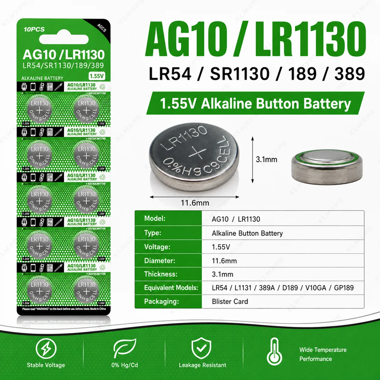 

High Quality LR1130 AG10 1.55V Alkaline Button Battery LR54 L1131 389A D189 For Watch Toys Calculators