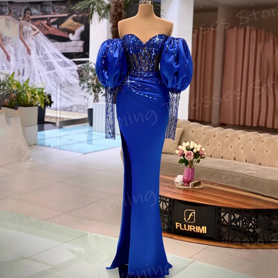 Anmutige marineblaue Meerjungfrau moderne Frauen Abendkleider sexy elegante Laterne Ärmel Ballkleider Seite geteilt فساتين سعيد شارون