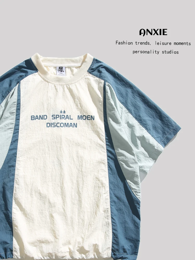 

Футболка ANXIE Streetwear с коротким рукавом, в стиле пэчворк, функциональная, с круглым вырезом, повседневная летняя модель для мужчин и женщин