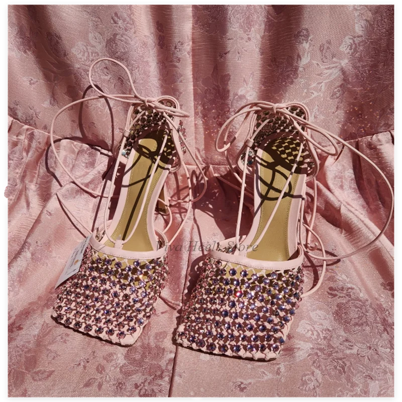 Square Toe Mesh Dimaond Lace up Sandals Colorful Leather Sexy Crystal  High Heels Women's 2025 Luxury Designer Party Shoes