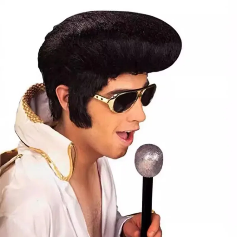 Rock and Roll Elvis Presley Cosplay Wig Daily Wear Melt Fibers Masquerade Party Stage Performance Black Short Hair