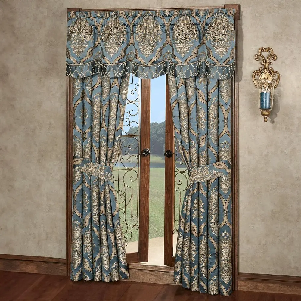 

Elegant Traditional Damask Medallion Curtain Set with Scalloped Valance in Steel Blue and Light Gold