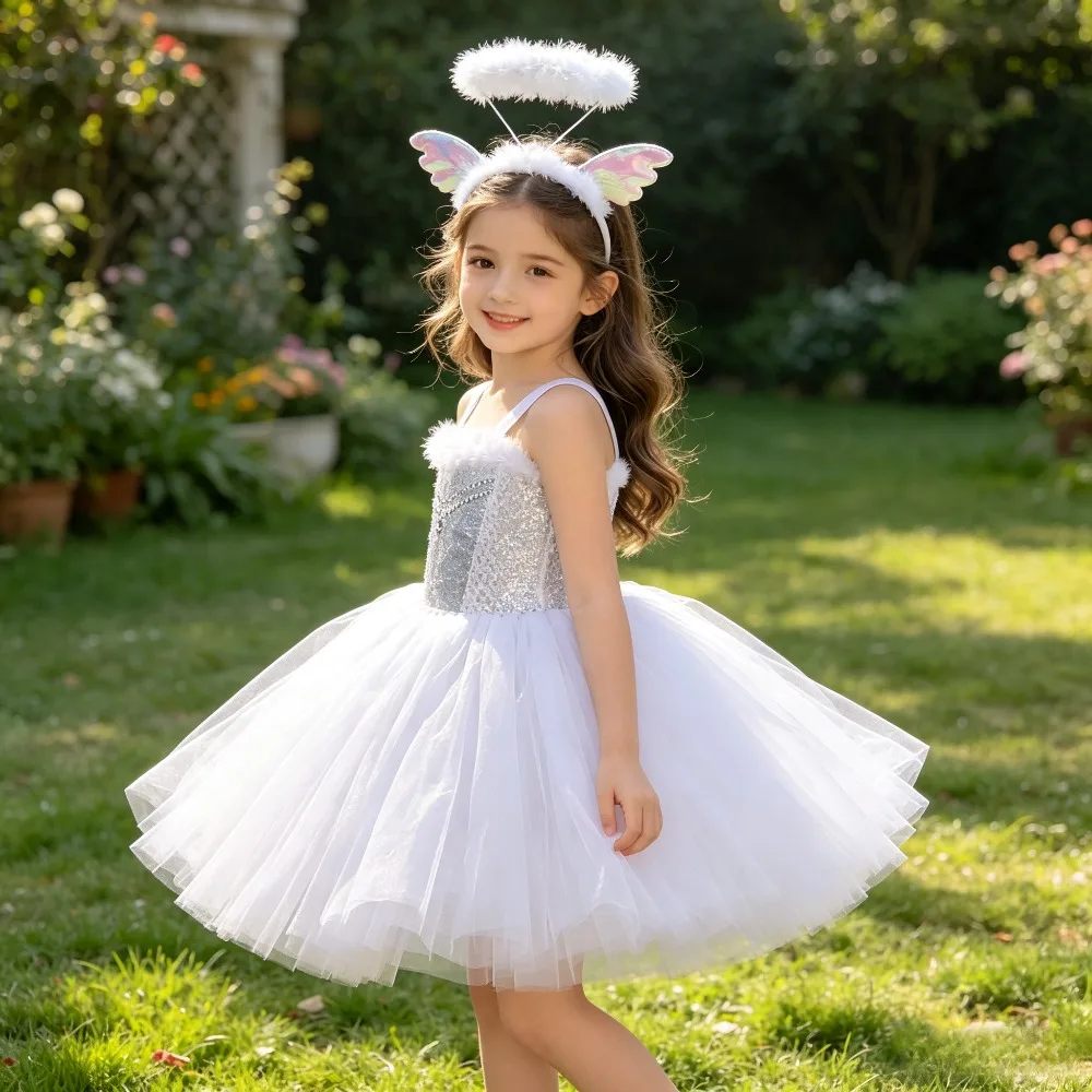 New White Feather Angel Wings Fluffy Tulle Dress Mesh Layered Sundress Evening Outfit Holiday Photo Attire Soft A-line Tutu Gown