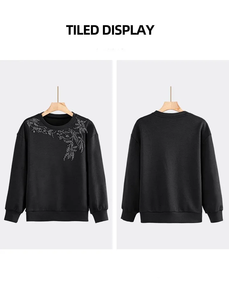 Fashion Beaded Women\' Long Sleeve O-neck Casual Sweatshirt Loose Plus Size Female Autumn Winter Black Hoodies Tops