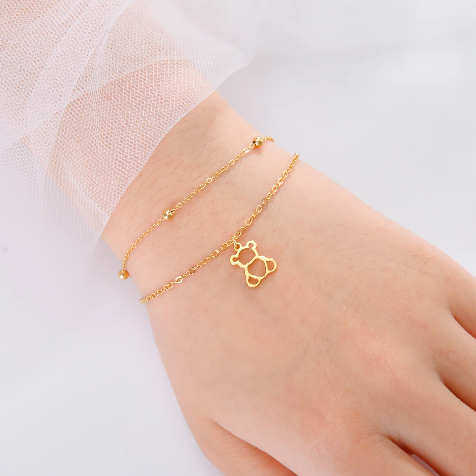 Kkjoy Doppelschichtiges Hohles Niedliches Bären-Anhänger Armband Fußkettchen aus Edelstahl Sommer Strand Damen Fuß- und Handschmuck Geschenk für Freunde – Detail 2