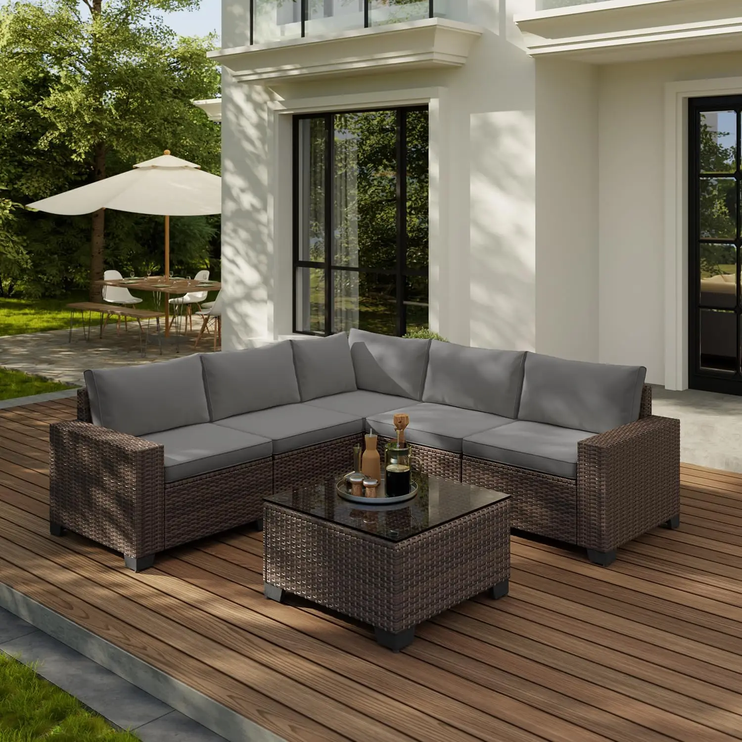 6-Piece Outdoor Patio Furniture Set, PE Wicker Rattan Sectional Sofa Conversation Set with Thickened Cushions and Coffee