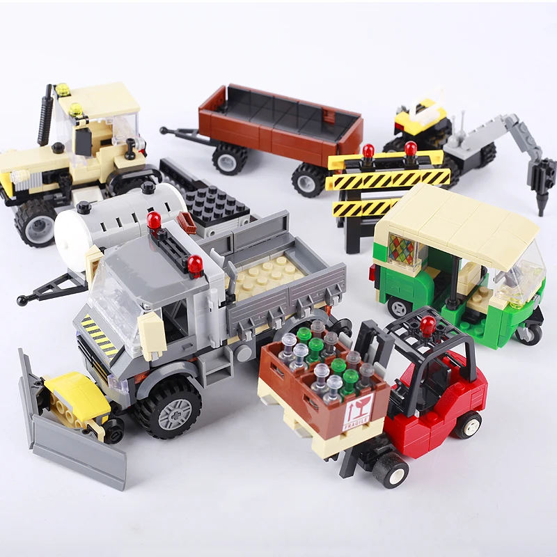 Building Blocks Farm Agricultural Machinery Land drill forklift Tricycle Snow Shovel Police Pickup Children Adults Gifts Toys