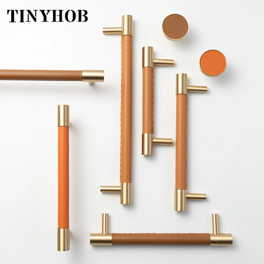 Tinyhob Leather Brass Cabinet Handles Modern Drawer Pulls Kitchen Cupboard Wardrobe Door Furniture Hardware Hole 192mm Orange