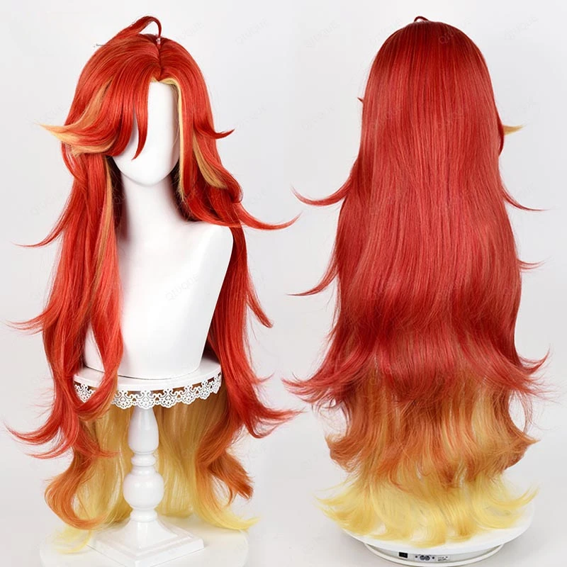 Mavuika Cosplay Wig Game Long Curly Wave Red Yellow Mixed Wig Heat Resistant Synthetic Hair Halloween Anime Wigs + Wig Cap