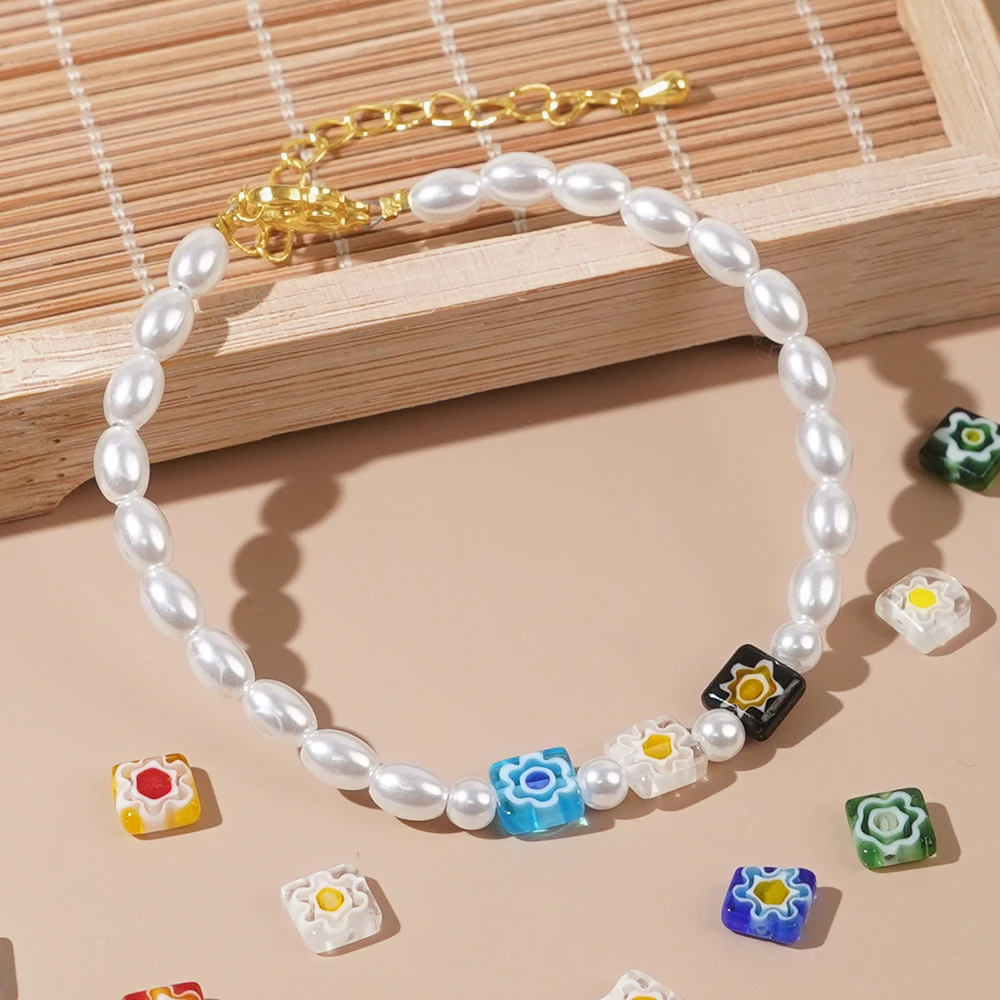 1pc Go2boho Valentine's Day Anniversary Gift 2024 Mixed Color Square Glass Pearl Charming Bracelet Women's Design Jewelry