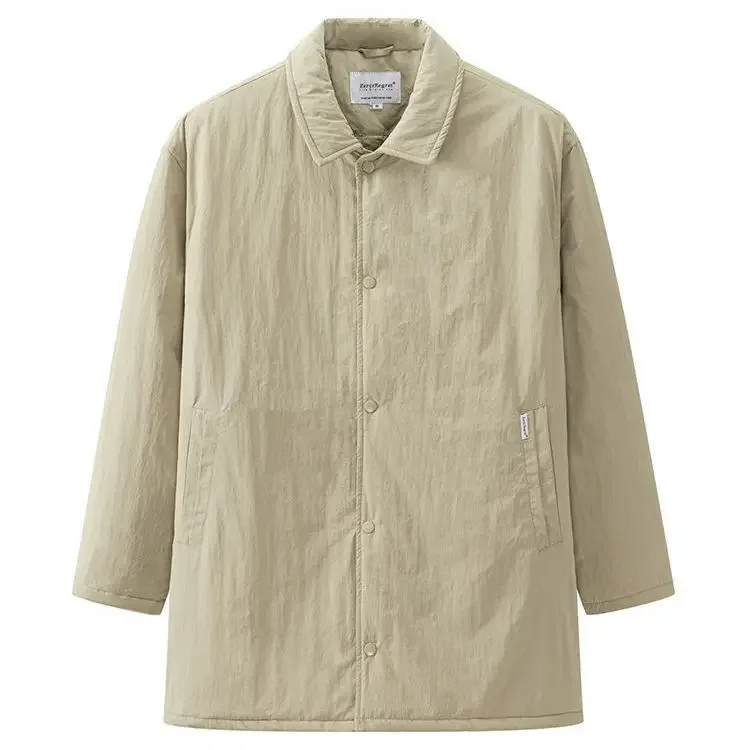 

Japanese Simple Retro Casual Polo Collar Loose Solid Color Thin Medium Length Parkas Men Clothing Winter Cotton Padded Coat Male