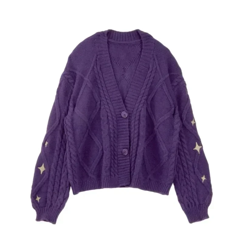 NONE Cardigan Taylor Version Green Vine bestickter Button-Down-Pullover mit Zopfmuster für Damen, Herbst-Winter-Vintage-Outfit 5