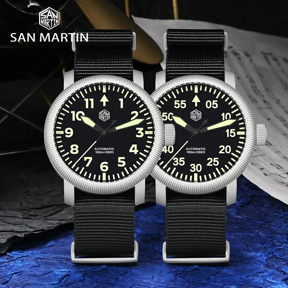 

San Martin New Original 40mm Retro Pilot Automatic Mechanical Men Watch Fashion Watches YN55 100m Waterproof C3 Luminous sports