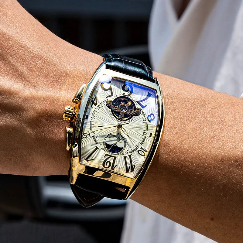 Montres automatiques à tourbillon pour hommes, montres-bracelets mécaniques, phase de lune, mode masculine