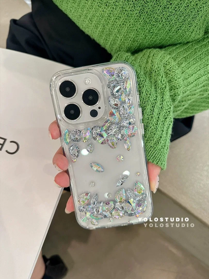 Customized original luxury glittering glass with diamond phone case, suitable for iPhone, transparent soft-edge protective cover