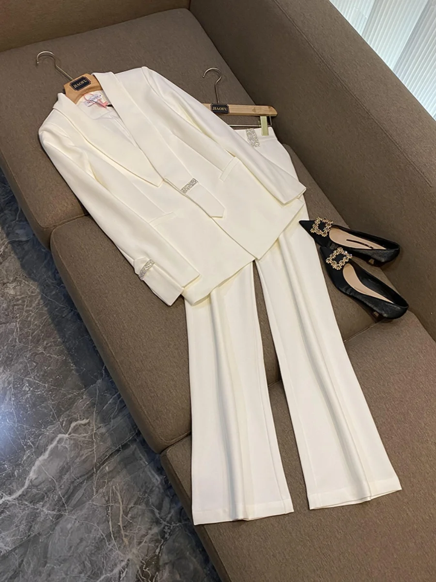 

White Wide Leg Pants Suit Set Women's Formal Profional Faion Sensation Iron on Rhinestones Two Piece Set C32