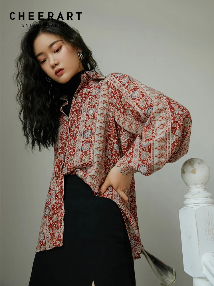 

CHEERART Vintage Floral Shirts Women 2020 Red Long Sleeve Button Up Shirt Ladies Top Lantern Sleeve Blouse Korean Clothes