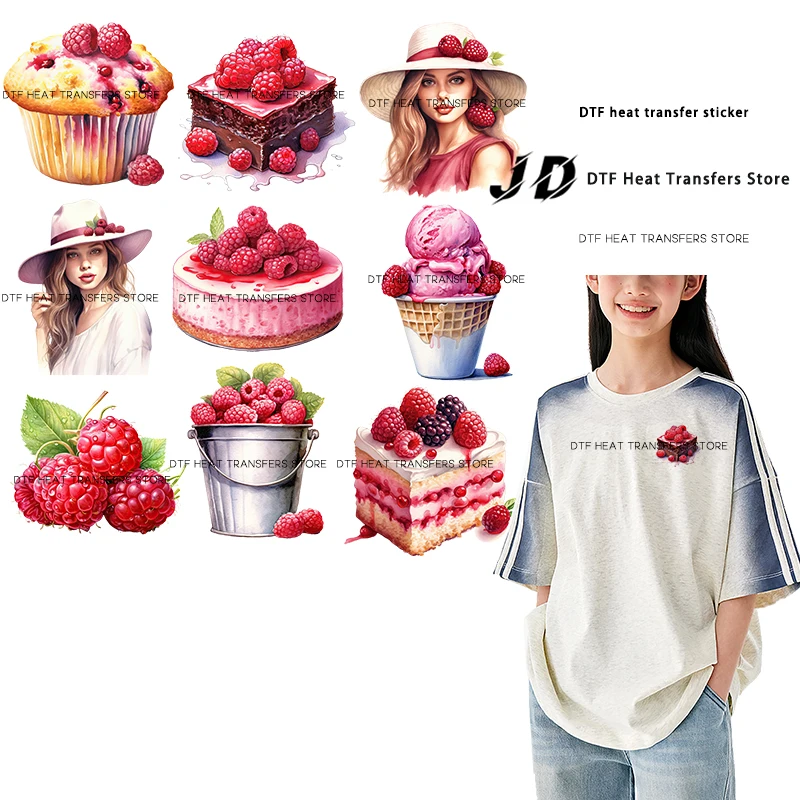

Watercolor gourmet Raspberry Cake Princess Iron On Patch Heat Transfer On Clothes DTF Iron on transfer Heat Transfer On Clothes