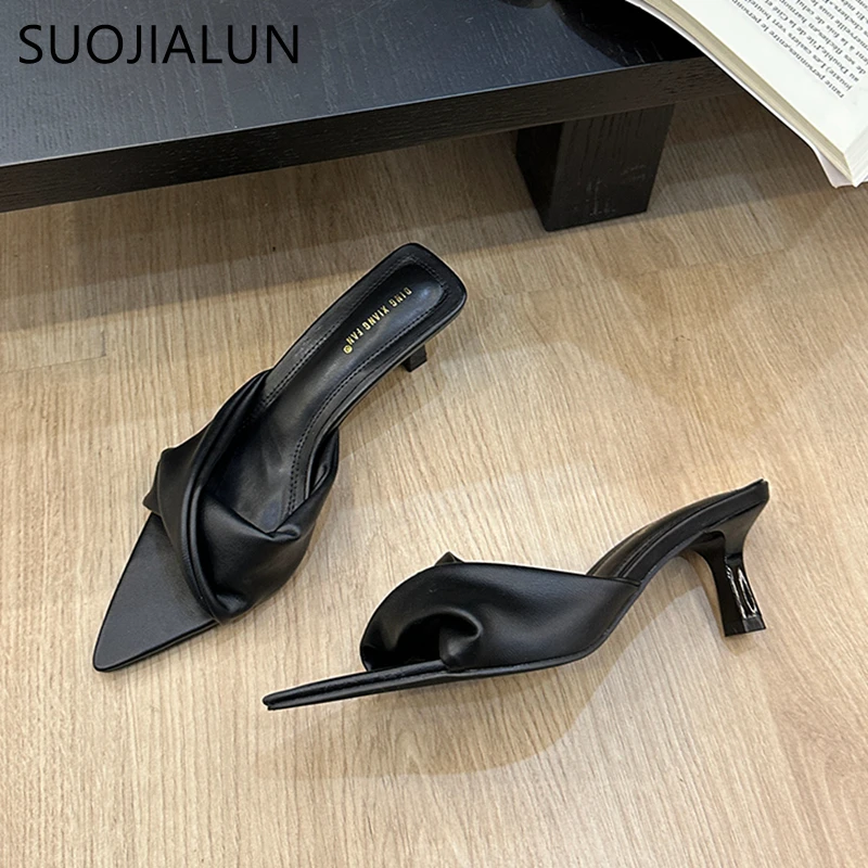 SUOJIALUN 2024 Summer New Women Slipper Fashion Pleated Pointed Toe Women Slides Thin High Heel Outdoor Dress Sandal Pumps Shoes