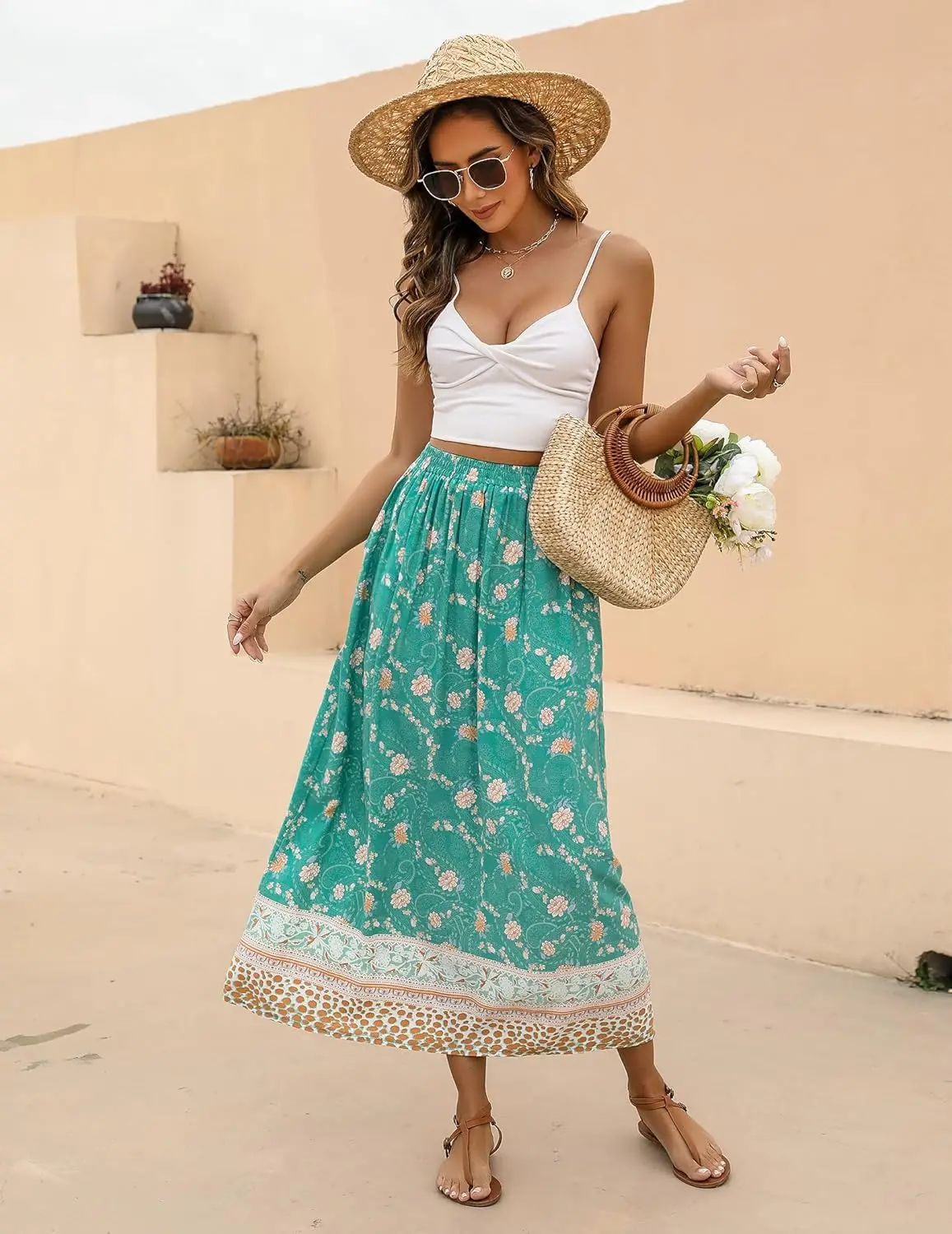 Luxy Trio Gonna floreale Boho da donna 2025 Gonne lunghe casual elastiche a vita alta Gonna lunga da spiaggia fluida