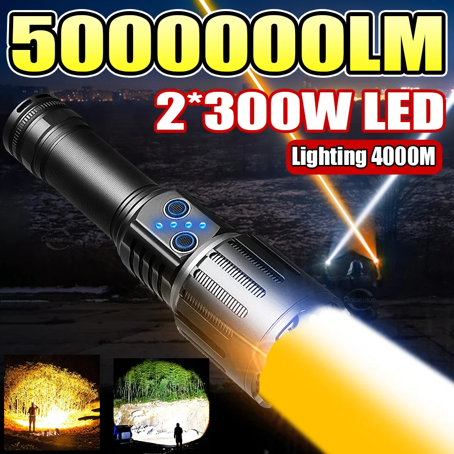 5000000LM Nova atualização 2 * 300W wick lanterna 4000M super brilhante tocha tática luz branca + quente luz alta potência USB recarregável lâmpada pesca acampamento caça luz