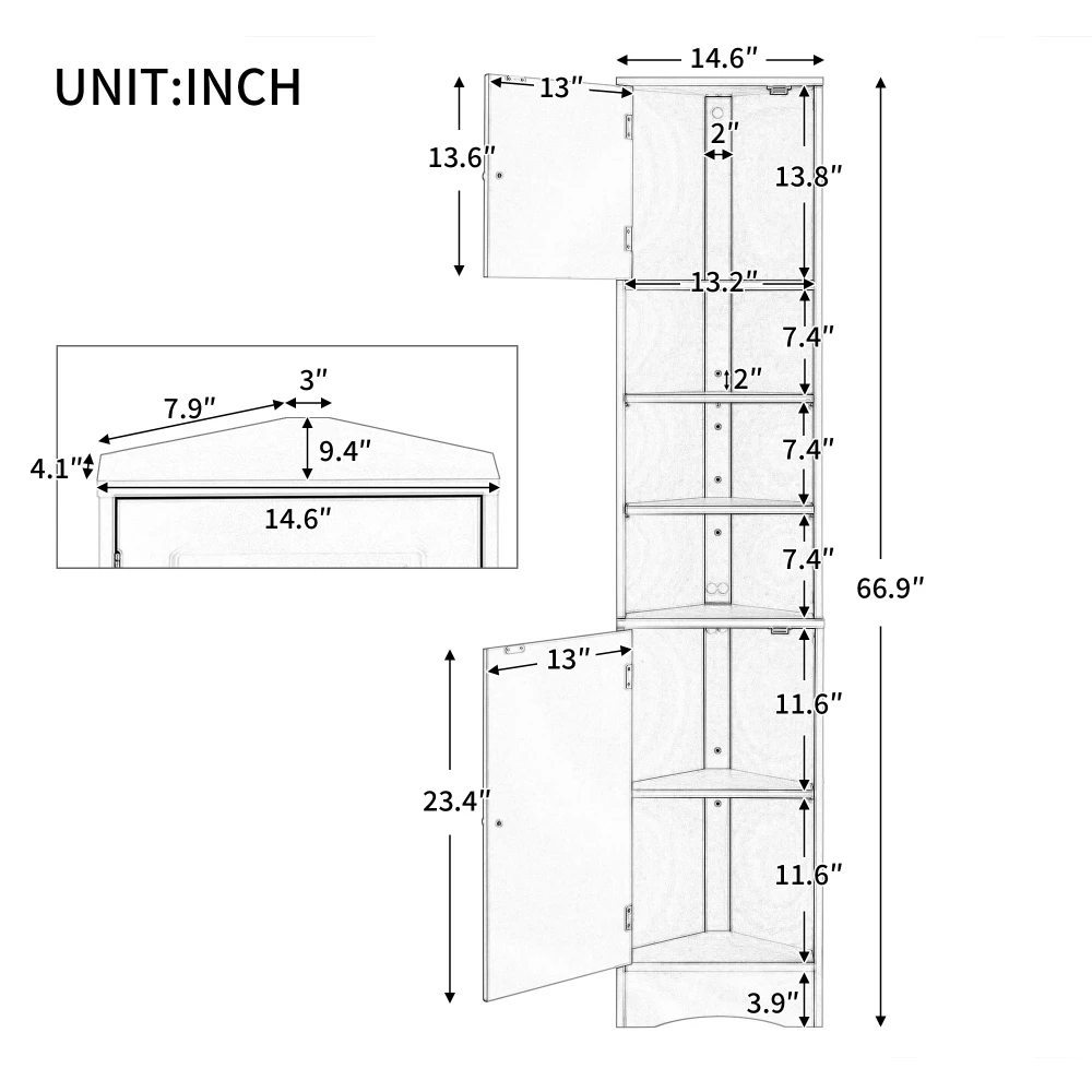 Gabinete de esquina multifuncional, gabinete de almacenamiento alto para baño con dos puertas y estantes ajustables, estante abierto, negro